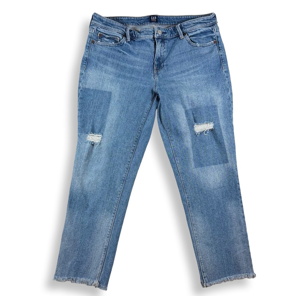 Gap Girlfriend Jeans Women 30 Medium Wash Distressed Frayed Hem Mid Rise Stretch